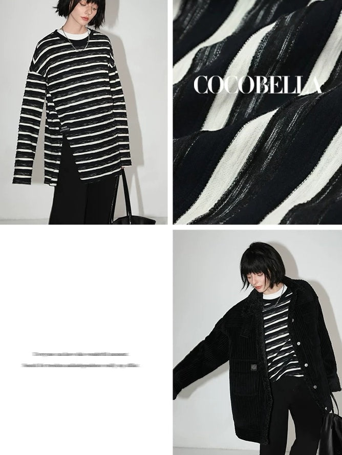 COCOBELLA Asymmetrical Striped Long Sleeve Pullover Straight Fit Commuter Women Shirts
