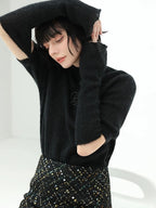 COCOBELLA Beaded Detachable Sleeves Straight Fit Office Knit Mock Neck Black Sweater