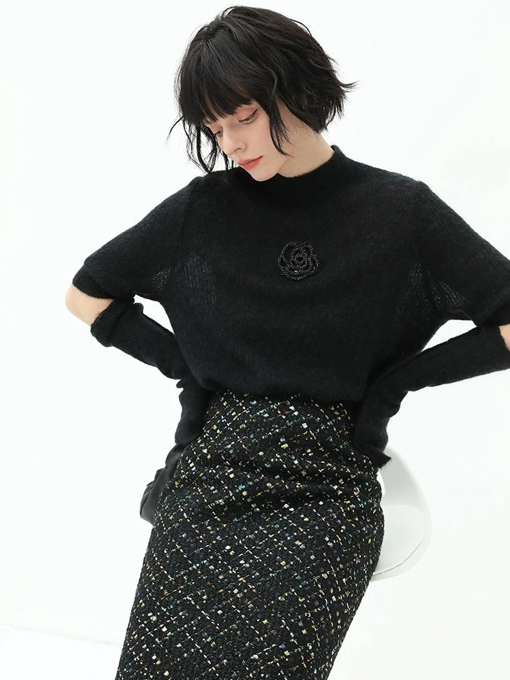 COCOBELLA Beaded Detachable Sleeves Straight Fit Office Knit Mock Neck Black Sweater