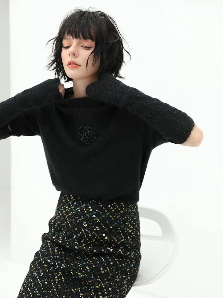 COCOBELLA Beaded Detachable Sleeves Straight Fit Office Knit Mock Neck Black Sweater