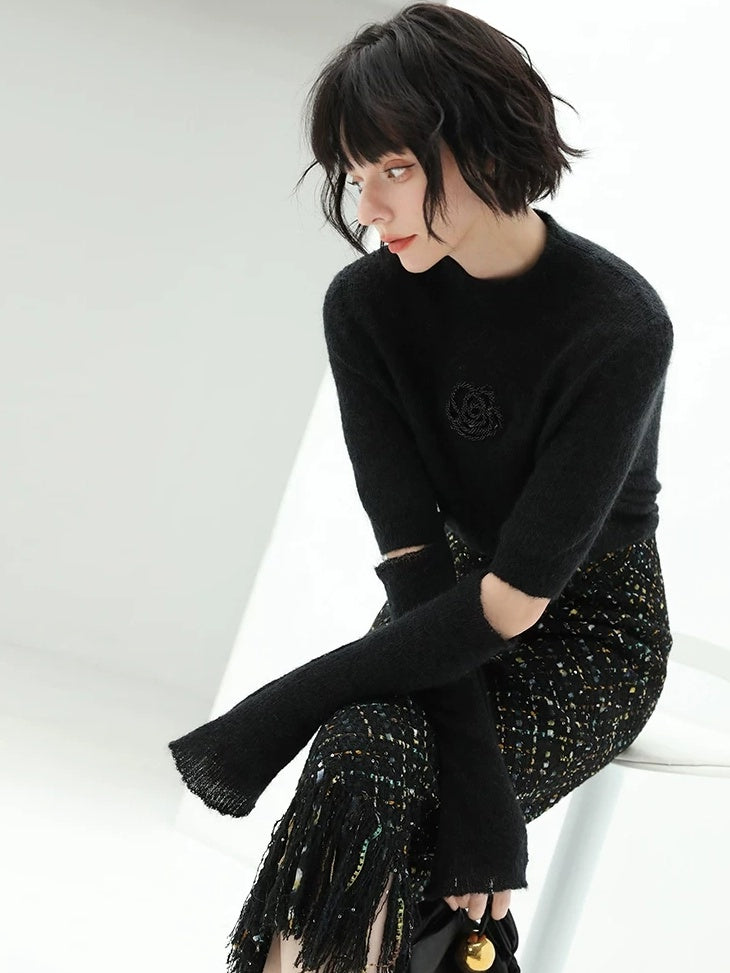 COCOBELLA Beaded Detachable Sleeves Straight Fit Office Knit Mock Neck Black Sweater