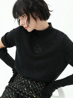 COCOBELLA Beaded Detachable Sleeves Straight Fit Office Knit Mock Neck Black Sweater