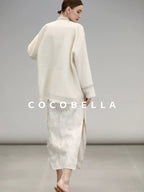 COCOBELLA Beaded Embroidered Tie Front Chinese Loose V Neck Floral Long Sleeve Pearl Shirts