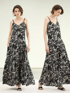 COCOBELLA Beaded Printed V Neck Slip Dress A Line Side Slit Waist Work Dresses