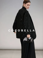 COCOBELLA Beaded Sequin Straight Fit One Button Office Long Sleeve Black Women Blazers