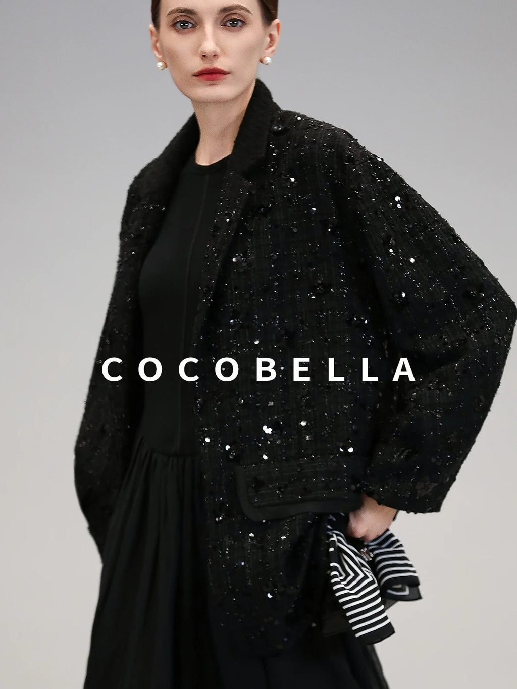 COCOBELLA Beaded Sequin Straight Fit One Button Office Long Sleeve Black Women Blazers