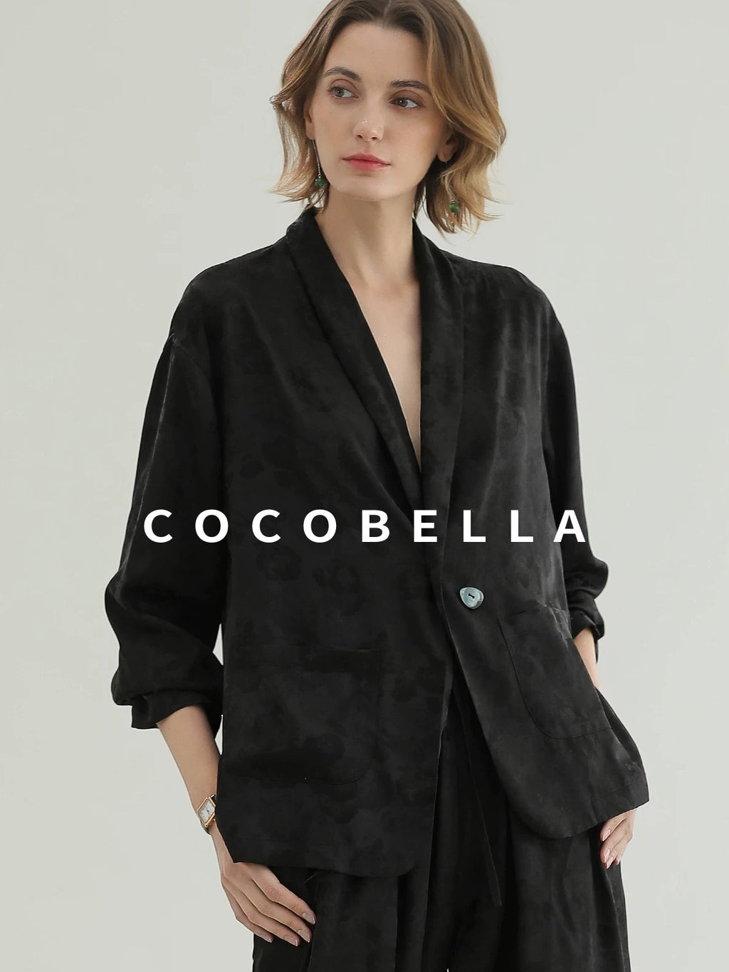 COCOBELLA Botanical Jacquard Straight Fit Single Button Pockets Office Women Blazers