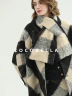 COCOBELLA British Plaid Single Breasted Straight Midlength Office Polyester Coats