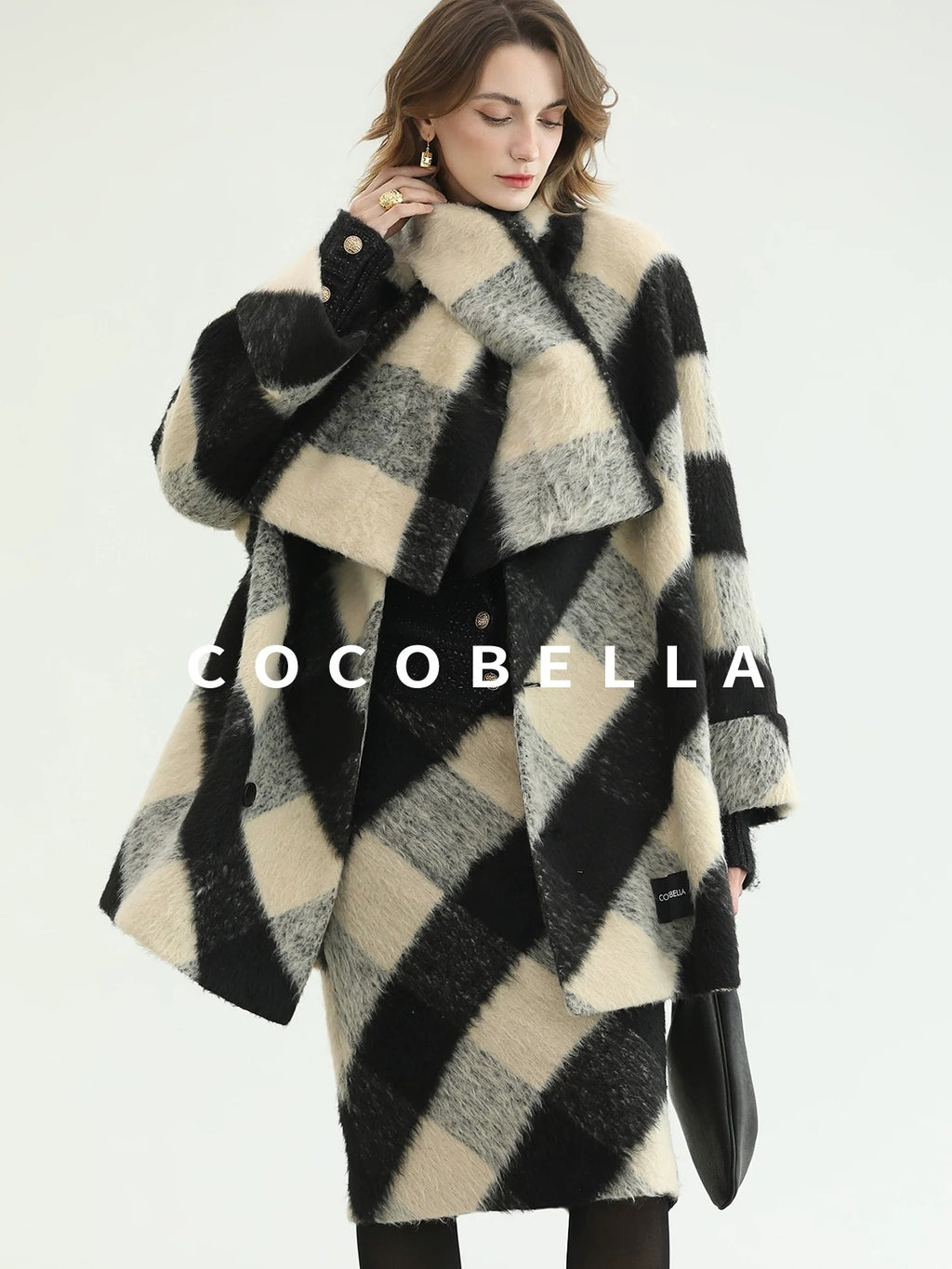 COCOBELLA British Plaid Single Breasted Straight Midlength Office Polyester Coats