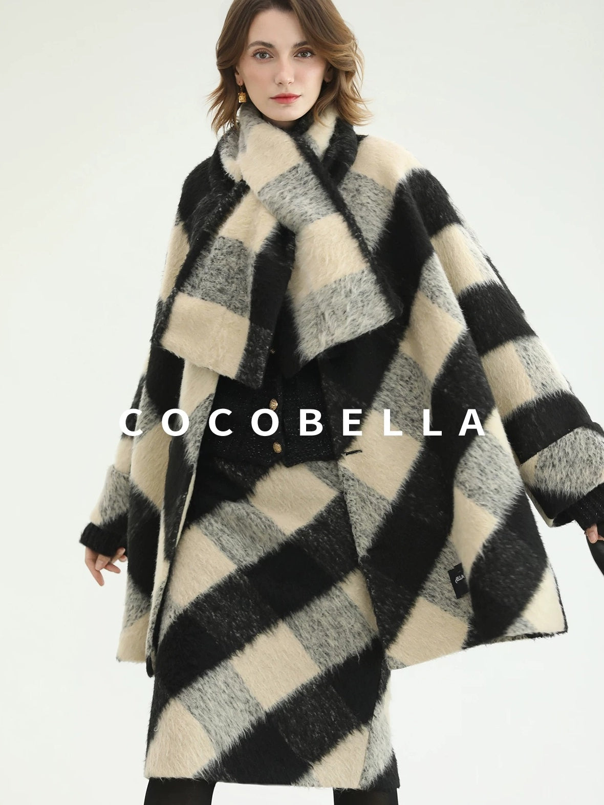 COCOBELLA British Plaid Single Breasted Straight Midlength Office Polyester Coats