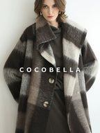 COCOBELLA Brushed Wool Blend Thick Midlength Loose Fit British Plaid Single Breasted Coats