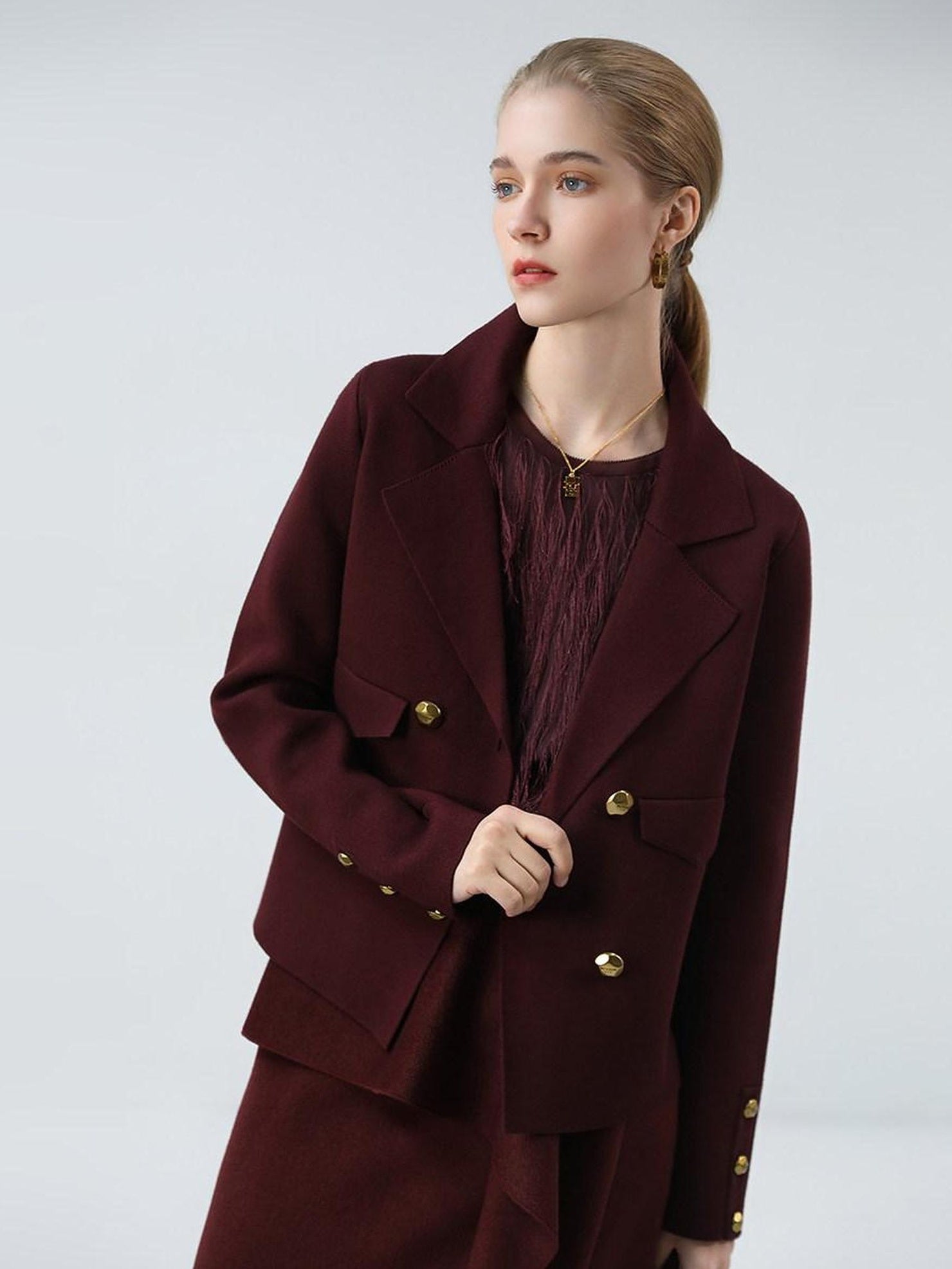COCOBELLA Burgundy Double Breasted Knit Short Length Straight Fit Office Lapel Blazers