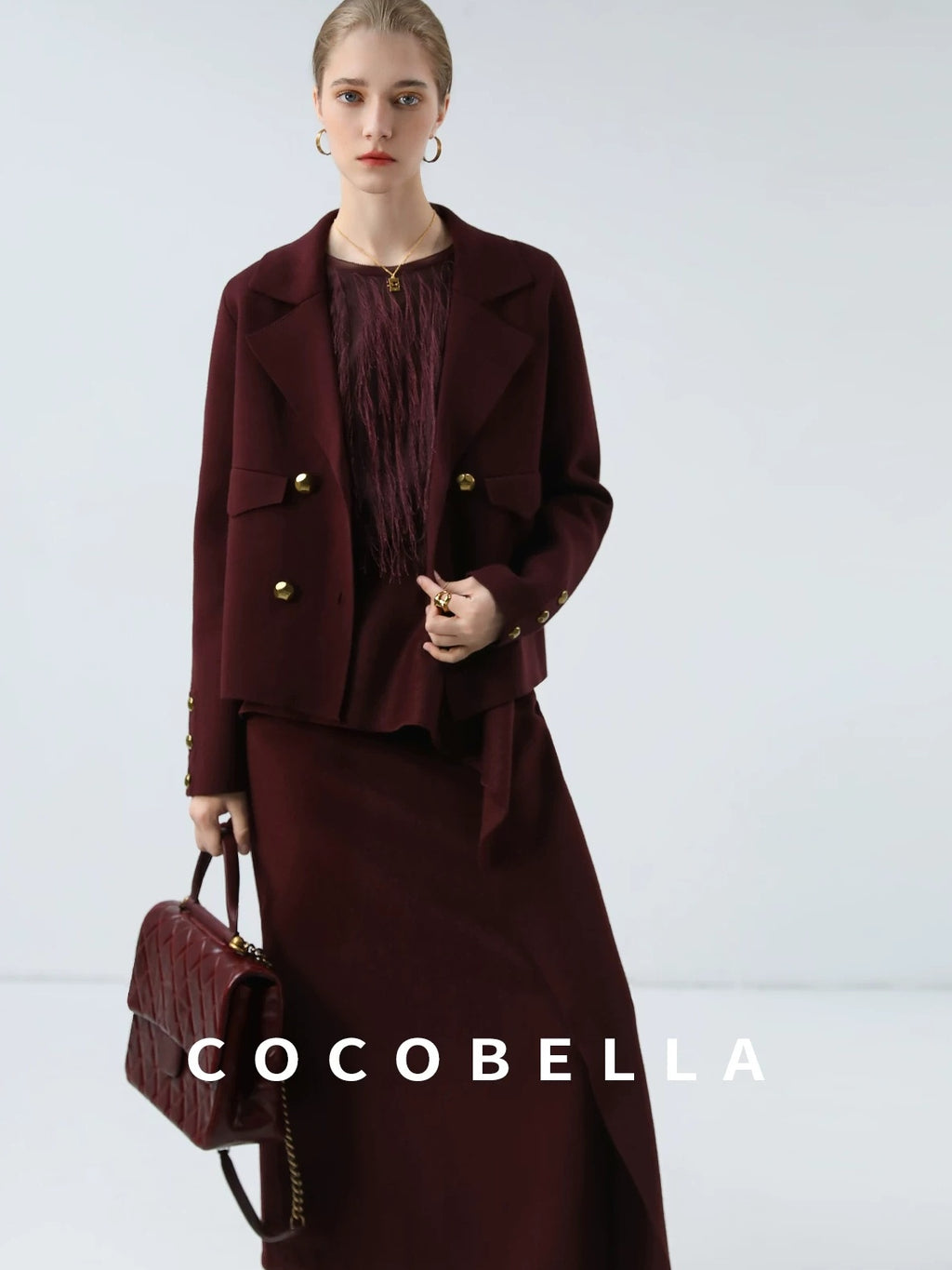 COCOBELLA Burgundy Double Breasted Knit Short Length Straight Fit Office Lapel Blazers