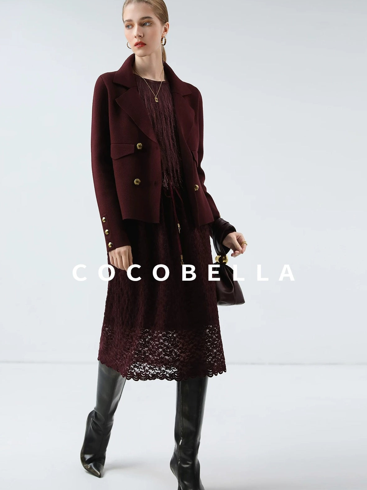 COCOBELLA Burgundy Double Breasted Knit Short Length Straight Fit Office Lapel Blazers