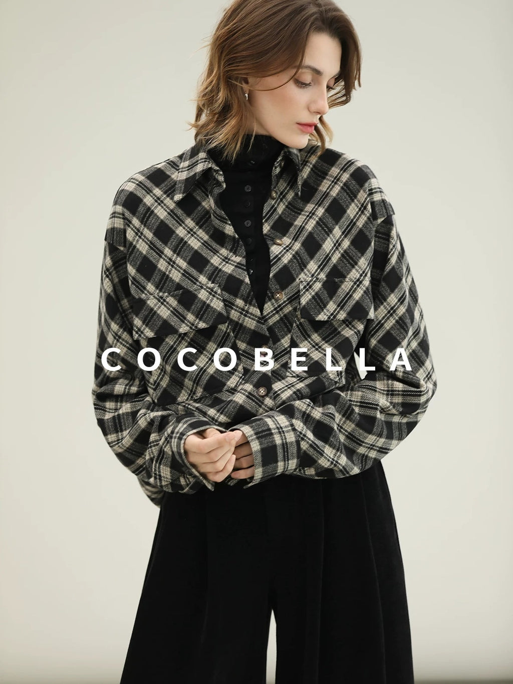 COCOBELLA Checked Wool Blend Button Pocket Straight Fit Office Women Long Sleeve Shirts