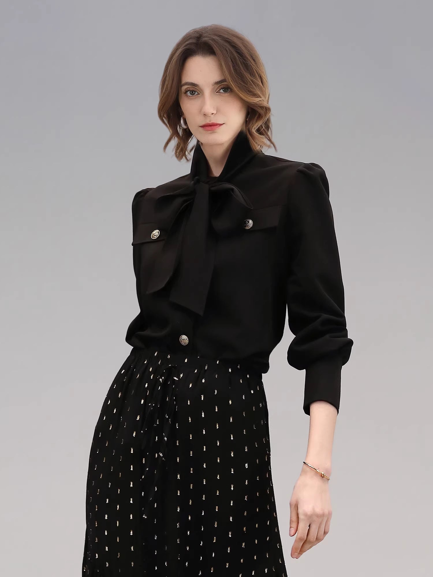 COCOBELLA_Chic_Office_Long_Sleeve_Button_Tie_Straight_Women_Solid_Black_Polyester_T-Shirts_MISSTT