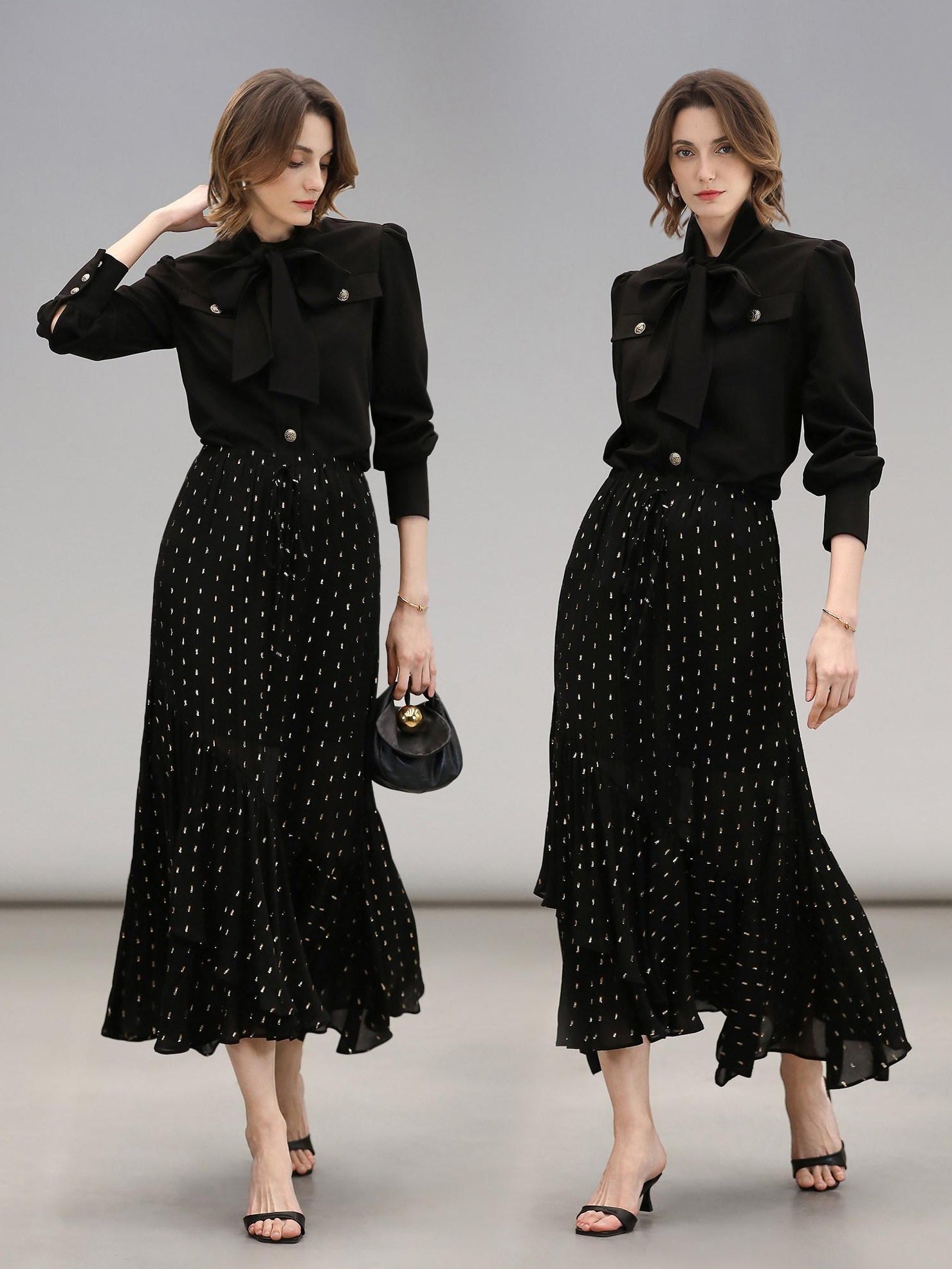 COCOBELLA Chic Office Long Sleeve Button Tie Straight Women Solid Black Polyester T-Shirts