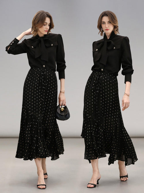 COCOBELLA Chic Office Long Sleeve Button Tie Straight Women Solid Black Polyester T-Shirts