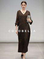 COCOBELLA Chinese Jacquard V Neck A Line Tassel Frog Button Cinched Waist Viscose Dresses