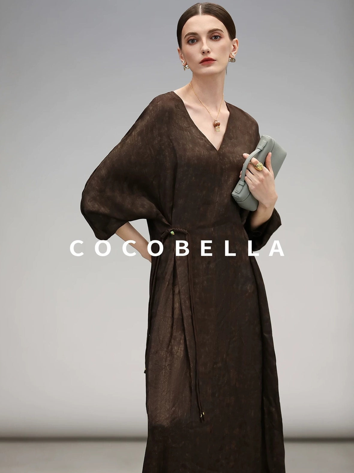 COCOBELLA Chinese Jacquard V Neck A Line Tassel Frog Button Cinched Waist Viscose Dresses