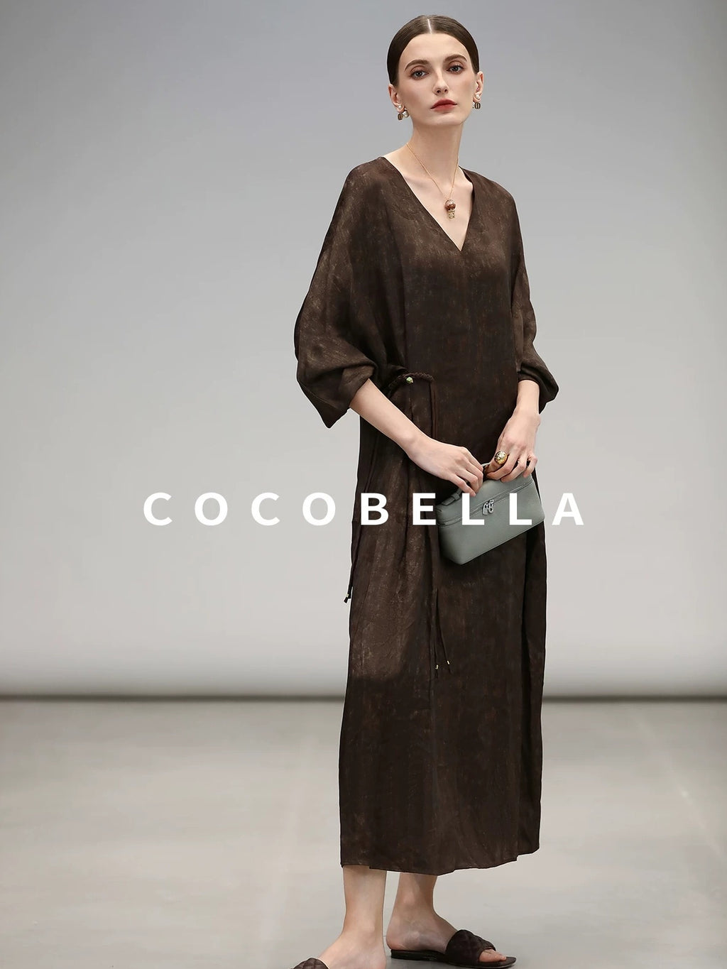 COCOBELLA Chinese Jacquard V Neck A Line Tassel Frog Button Cinched Waist Viscose Dresses