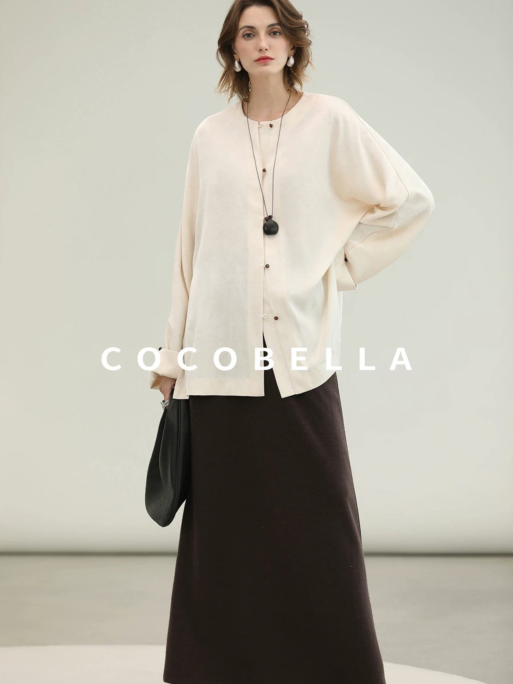 COCOBELLA Chinese Loose Button Long Sleeve Round Neck Midlength Casual Work T-Shirts