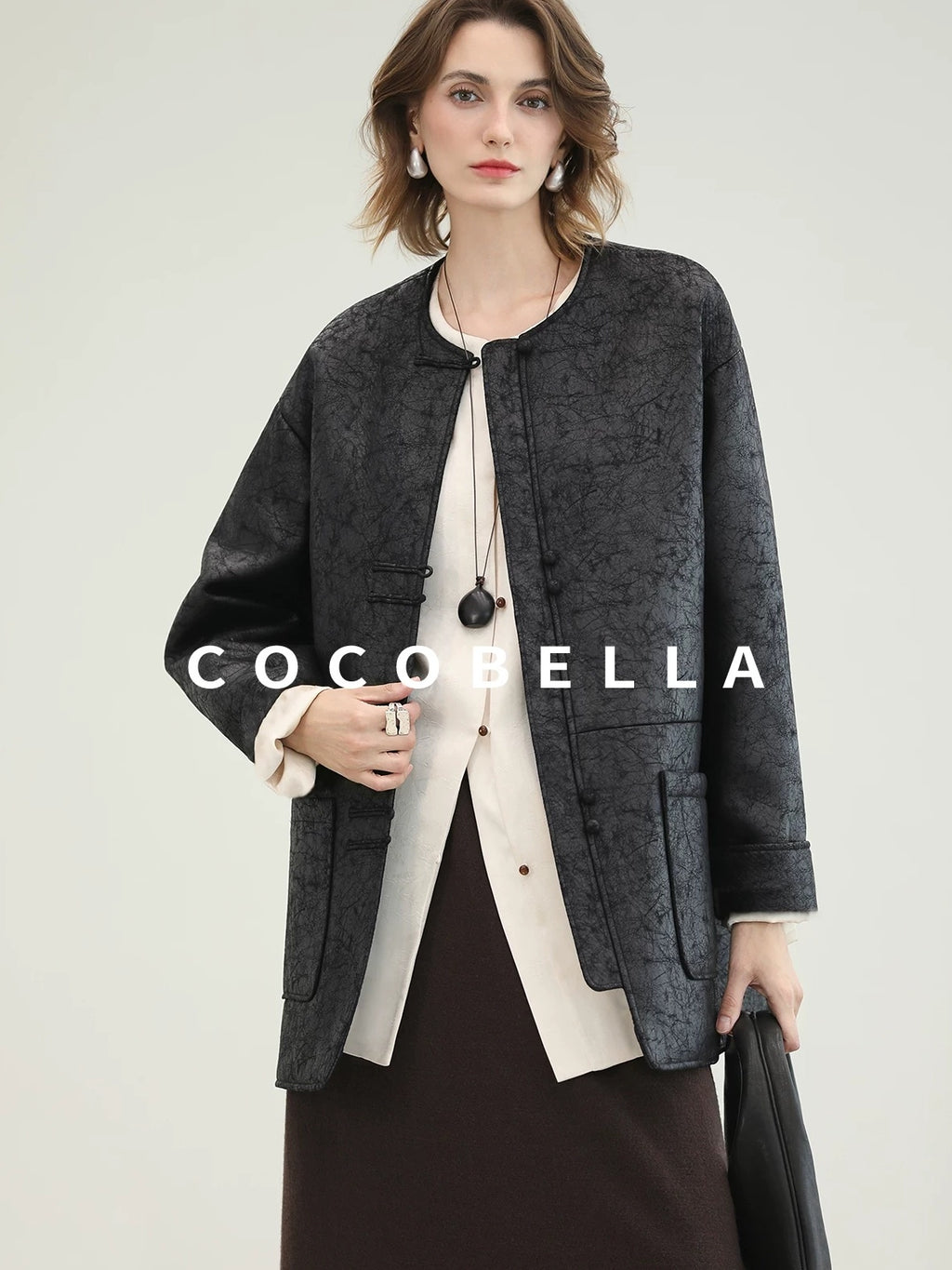 COCOBELLA Chinese Loose Button Long Sleeve Round Neck Midlength Casual Work T-Shirts