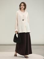 COCOBELLA Chinese Loose Button Long Sleeve Round Neck Midlength Casual Work T-Shirts