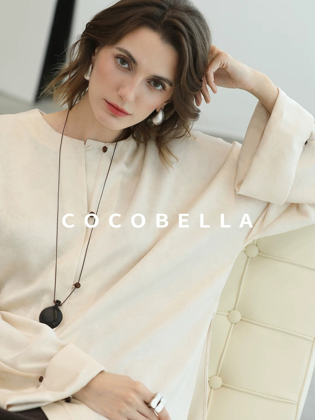 COCOBELLA Chinese Loose Button Long Sleeve Round Neck Midlength Casual Work T-Shirts