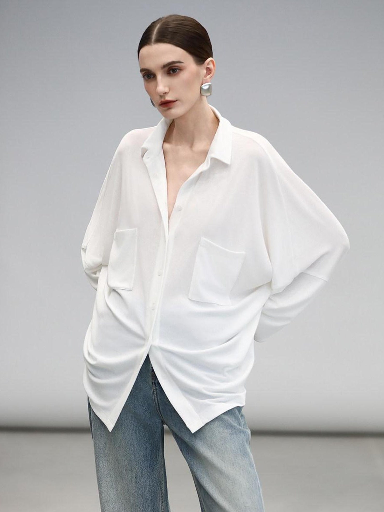 COCOBELLA Commuter Button Pocket Loose Fit Batwing Sleeve Collared Women Office Shirts
