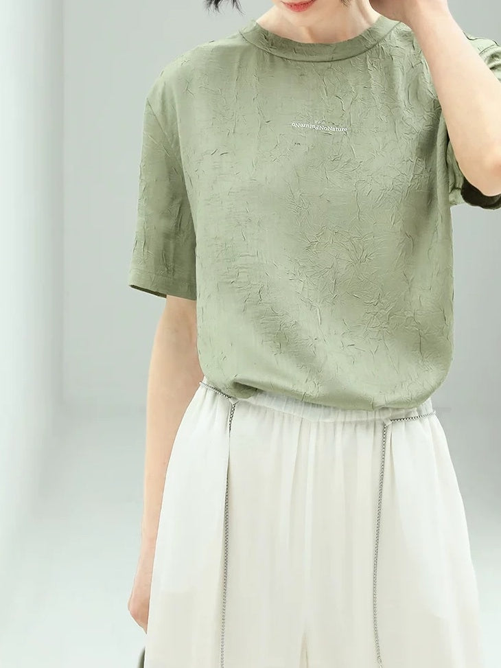 COCOBELLA Commuter Pleated Straight Fit Crew Neck Short Sleeve Women Letter Print T-Shirts