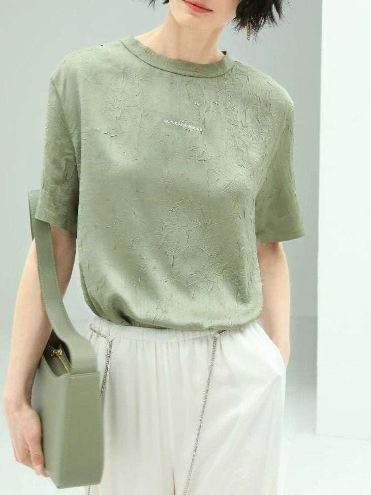 COCOBELLA Commuter Pleated Straight Fit Crew Neck Short Sleeve Women Letter Print T-Shirts