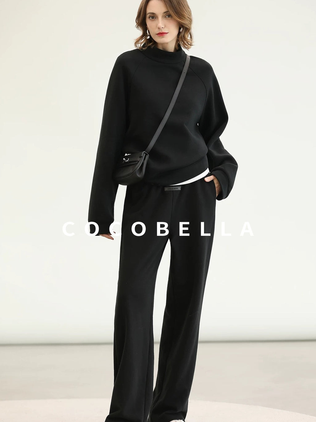 COCOBELLA Cotton Blend Straight Fit Mock Neck Commuter Classic Black Sweatshirts