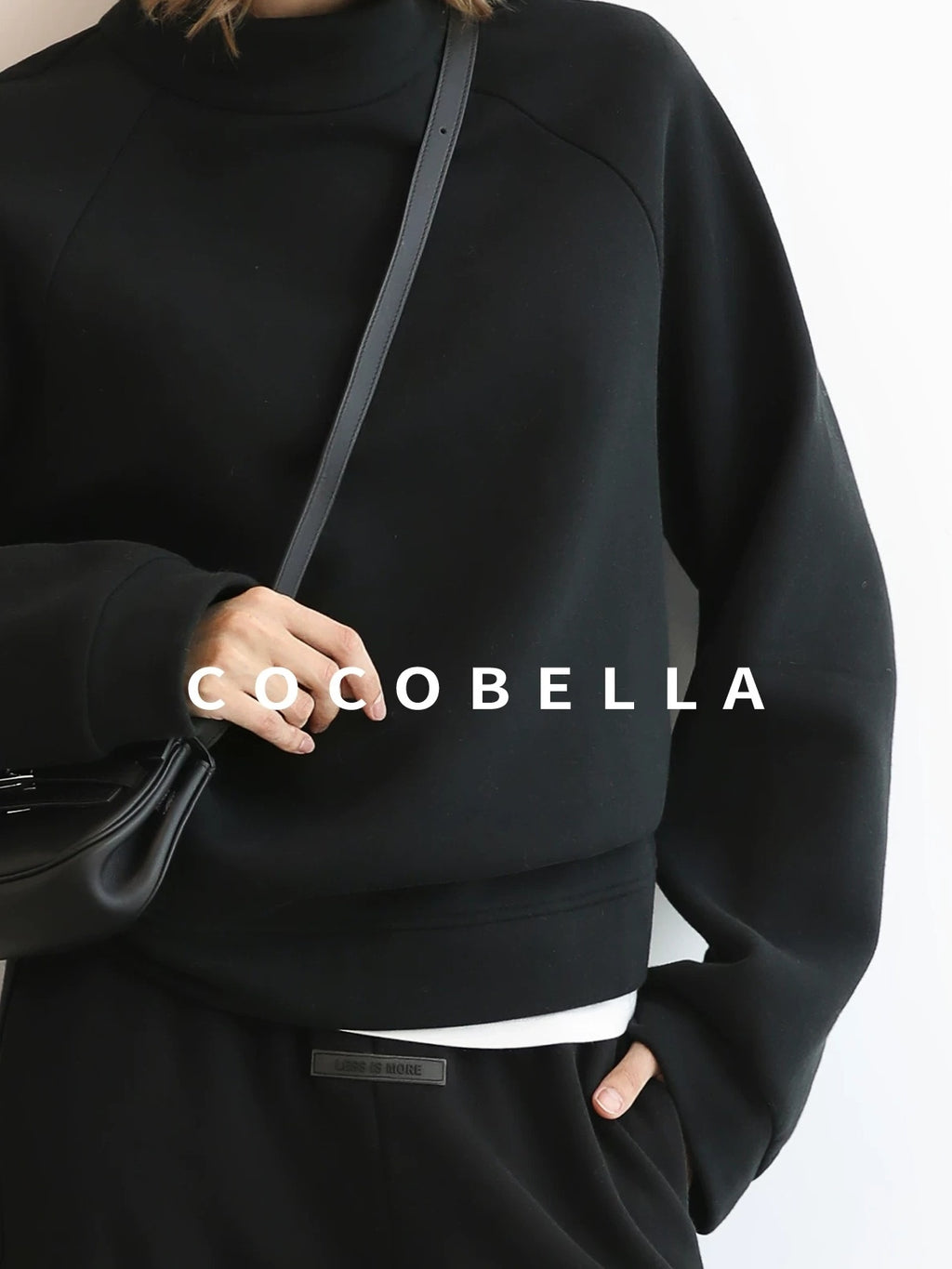 COCOBELLA Cotton Blend Straight Fit Mock Neck Commuter Classic Black Sweatshirts