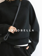 COCOBELLA Cotton Blend Straight Fit Mock Neck Commuter Classic Black Sweatshirts
