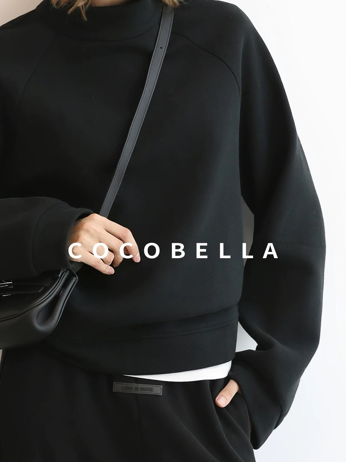 COCOBELLA Cotton Blend Straight Fit Mock Neck Commuter Classic Black Sweatshirts