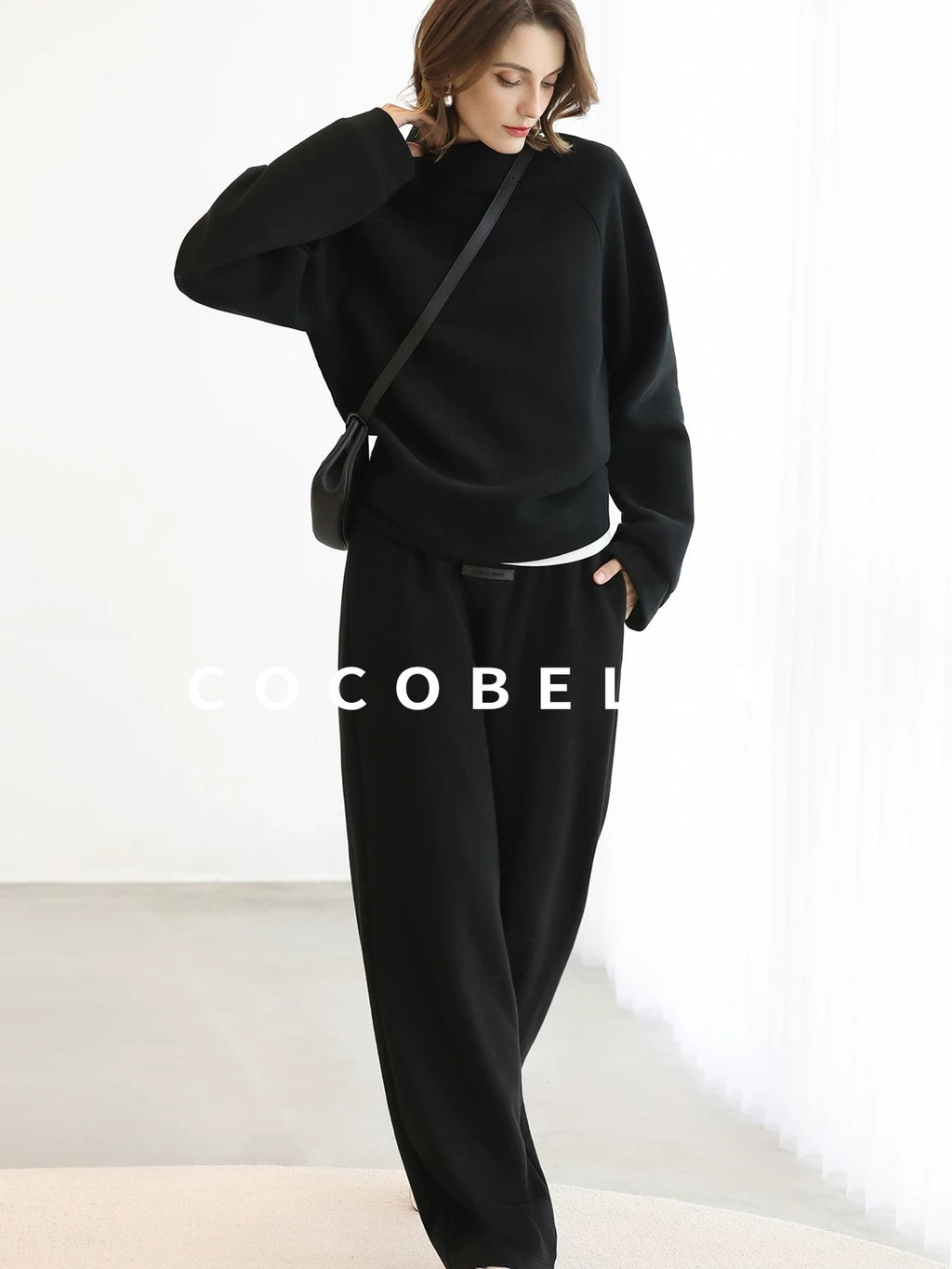 COCOBELLA Cotton Blend Straight Fit Mock Neck Commuter Classic Black Sweatshirts