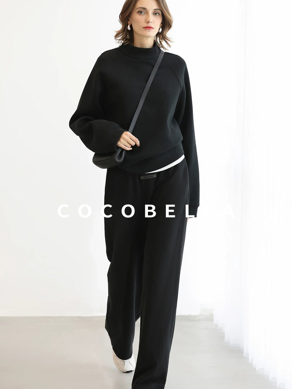 COCOBELLA Cotton Blend Straight Fit Mock Neck Commuter Classic Black Sweatshirts
