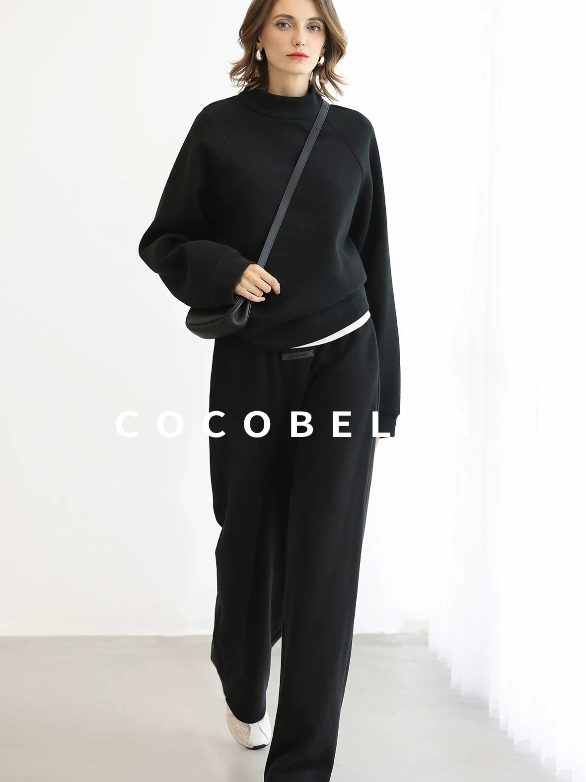 COCOBELLA Cotton Blend Straight Fit Mock Neck Commuter Classic Black Sweatshirts
