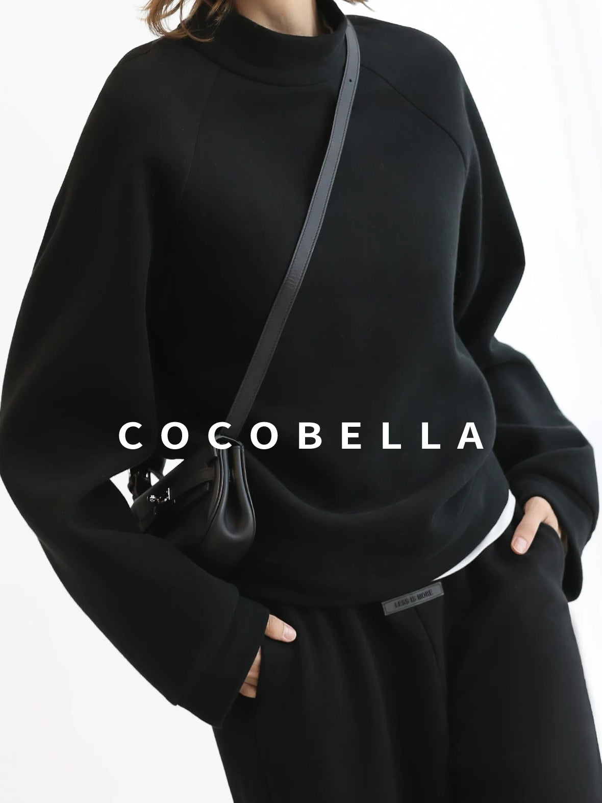 COCOBELLA Cotton Blend Straight Fit Mock Neck Commuter Classic Black Sweatshirts