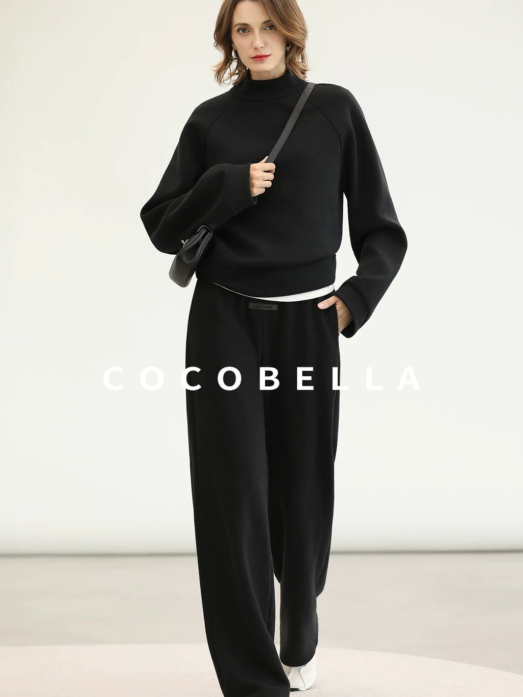 COCOBELLA Cotton Blend Straight Fit Mock Neck Commuter Classic Black Sweatshirts