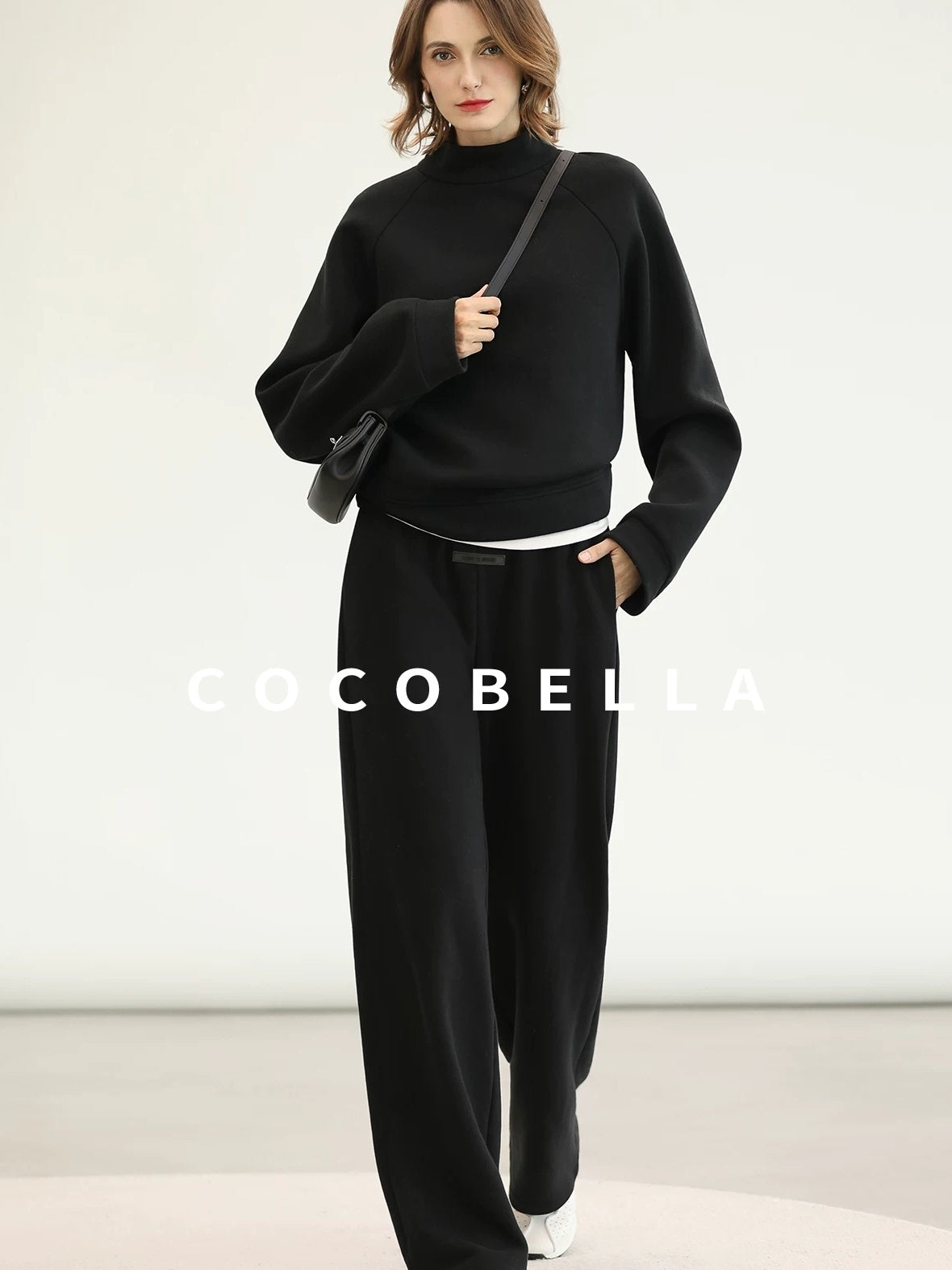 COCOBELLA Cotton Blend Straight Fit Mock Neck Commuter Classic Black Sweatshirts