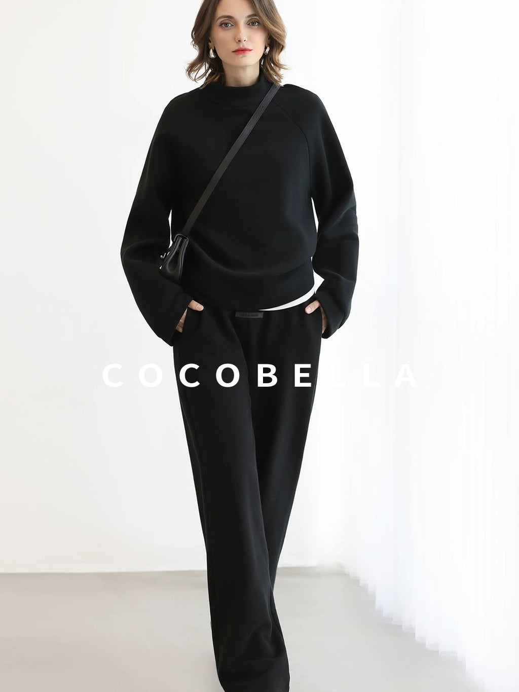 COCOBELLA Cotton Blend Straight Fit Mock Neck Commuter Classic Black Sweatshirts