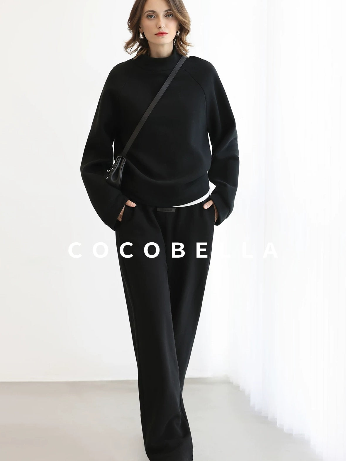 COCOBELLA Cotton Blend Straight Fit Mock Neck Commuter Classic Black Sweatshirts