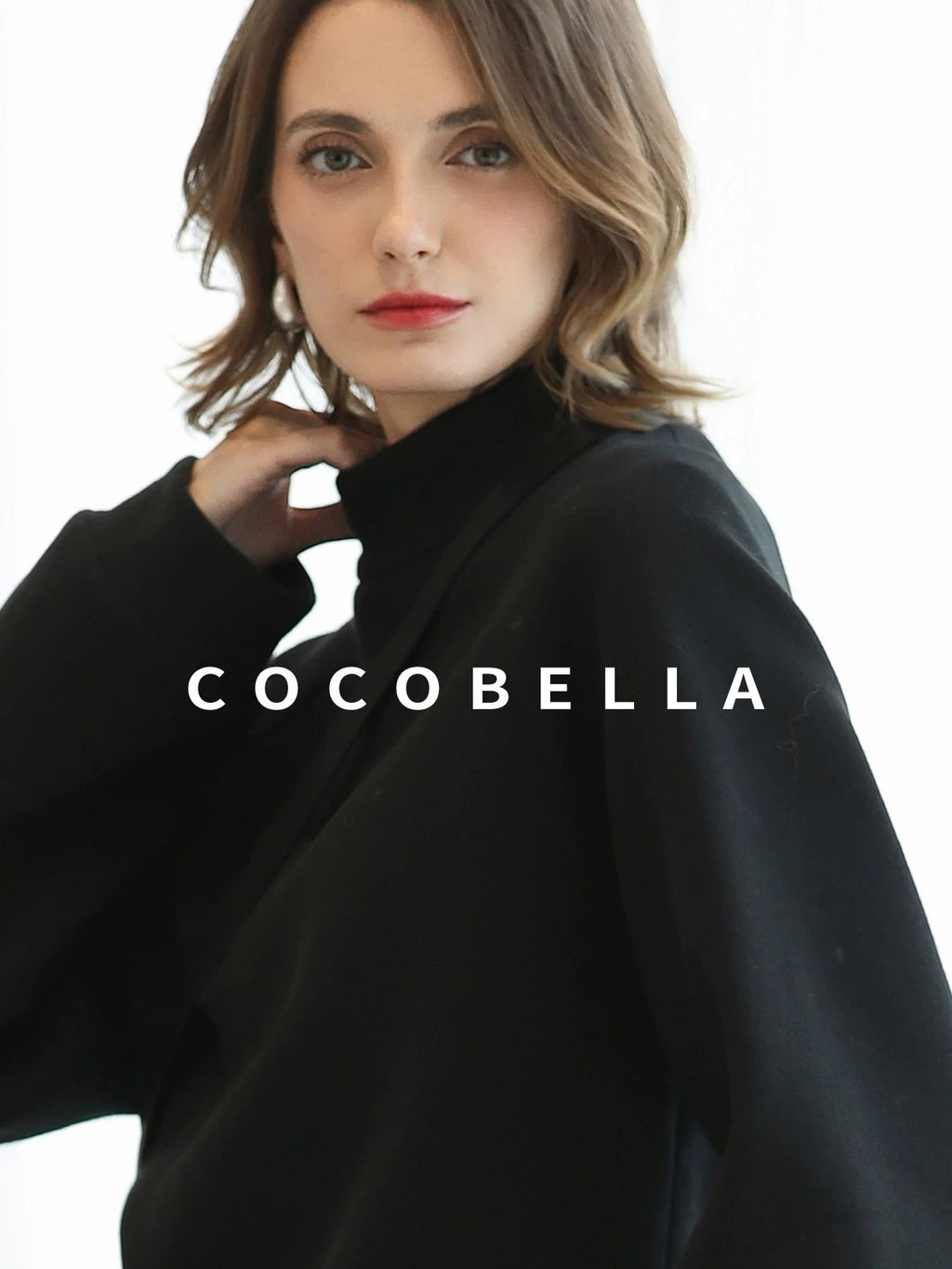 COCOBELLA Cotton Blend Straight Fit Mock Neck Commuter Classic Black Sweatshirts