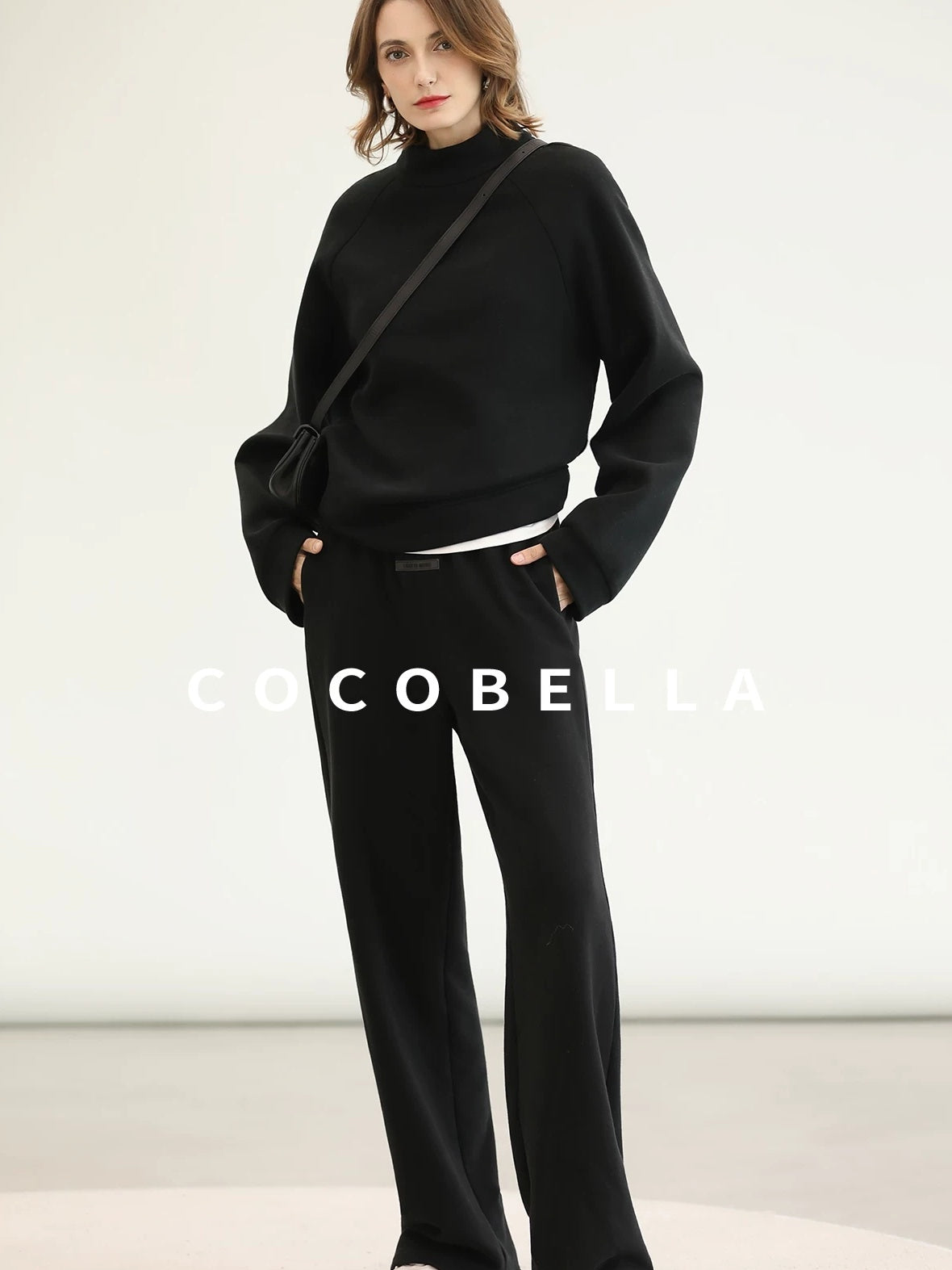 COCOBELLA Cotton Blend Straight Fit Mock Neck Commuter Classic Black Sweatshirts