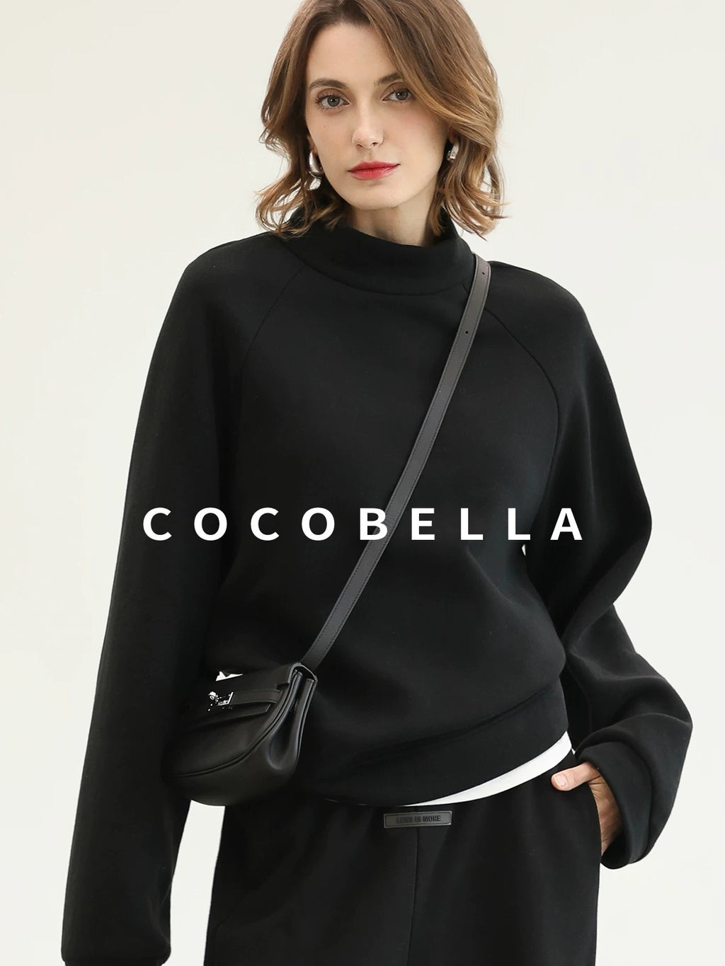 COCOBELLA Cotton Blend Straight Fit Mock Neck Commuter Classic Black Sweatshirts