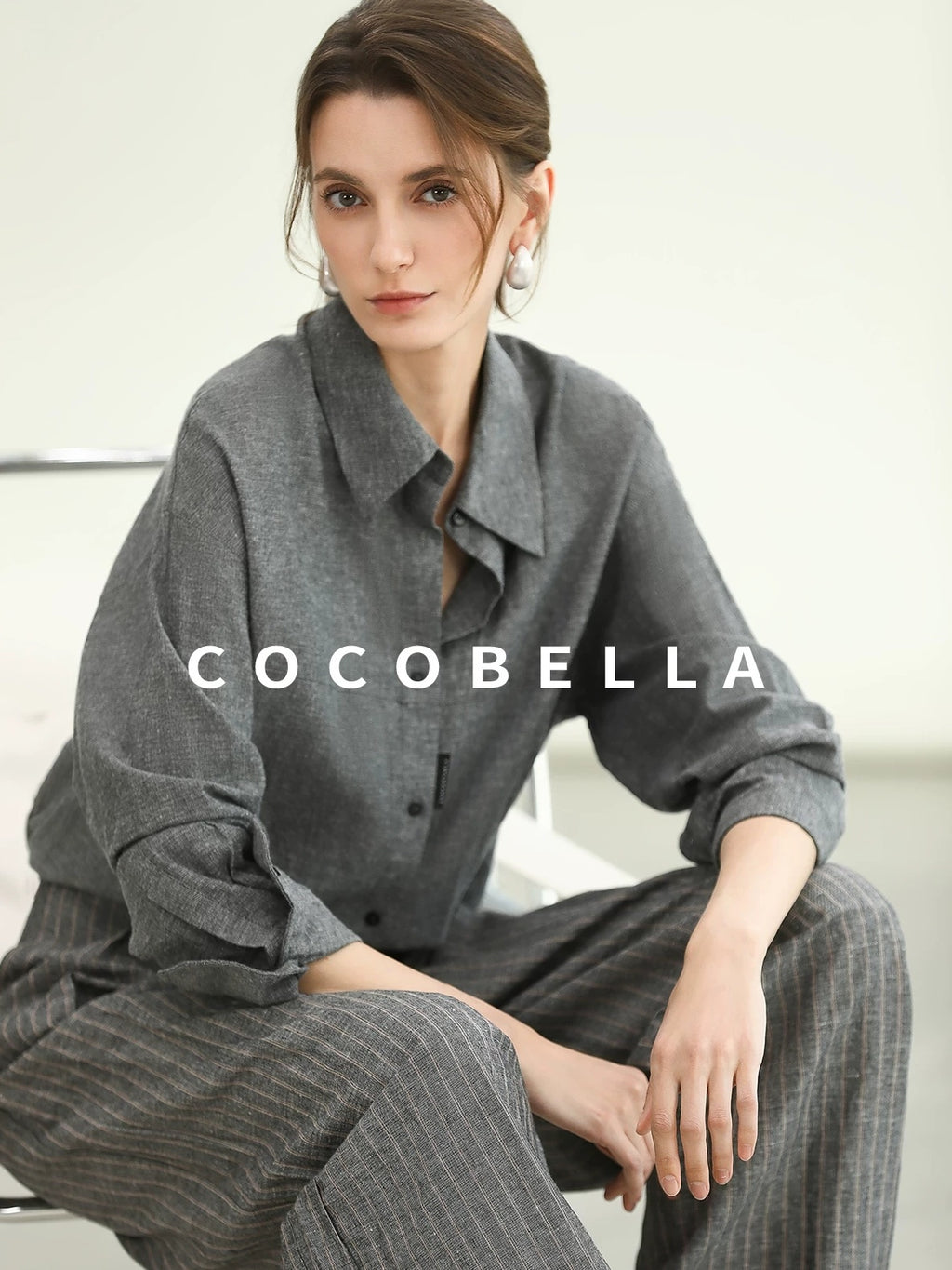COCOBELLA Cotton Linen Blend Straight Button Collar Women Office Long Sleeve Shirts