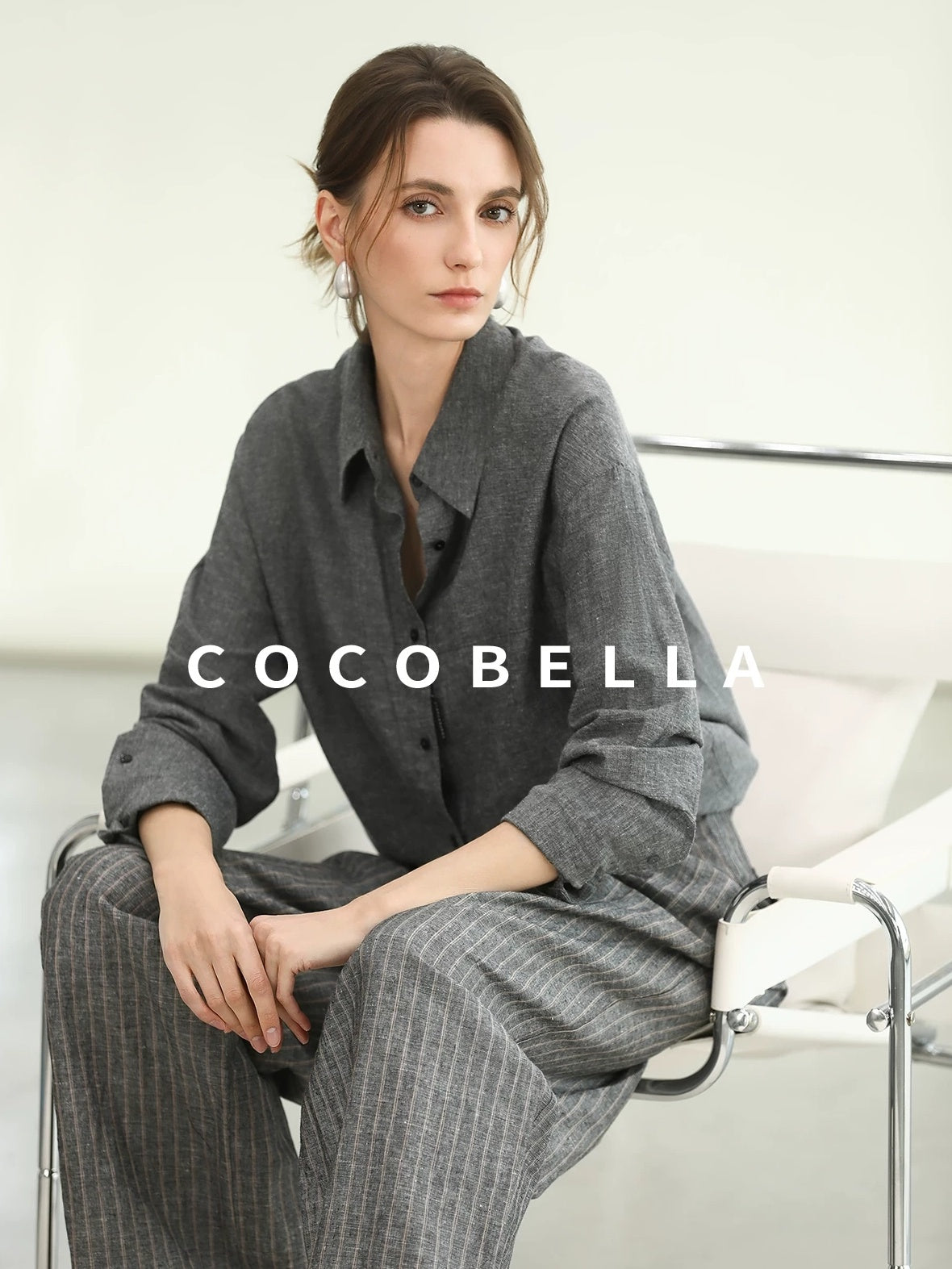 COCOBELLA Cotton Linen Blend Straight Button Collar Women Office Long Sleeve Shirts