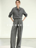 COCOBELLA Cotton Linen Blend Straight Button Collar Women Office Long Sleeve Shirts